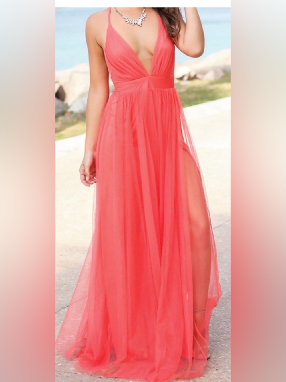 NWT Coral Tulle Maxi Dress Backless Deep V Flowing Formal Gown Boutique - Picture 2 of 3